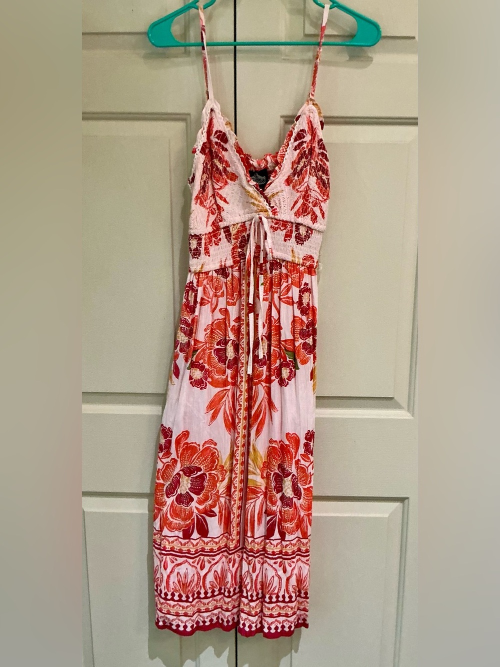 Angie White Midi Dress with Red & Orange Floral Print